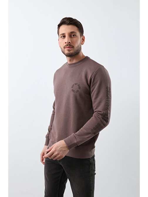 Erkek Bisiklet Yaka Oversize Yazı Baskılı Sweatshirt Kahverengi