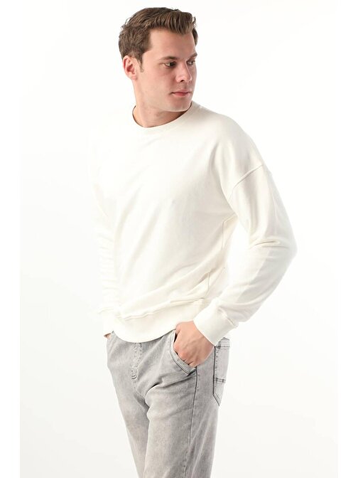 Erkek Bisiklet Yaka Oversize Sweatshirt Beyaz