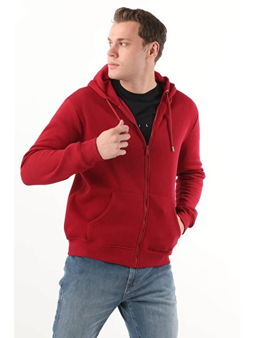 Erkek Cepli Fermuarlı Kapüşonlu Şardonlu Sweatshirt Kırmızı