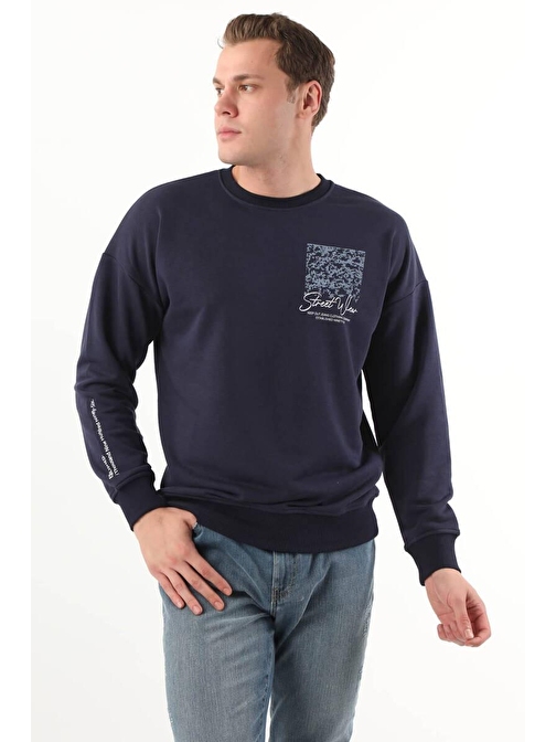 Erkek Baskılı Bisiklet Yaka Basic Sweatshirt İndigo