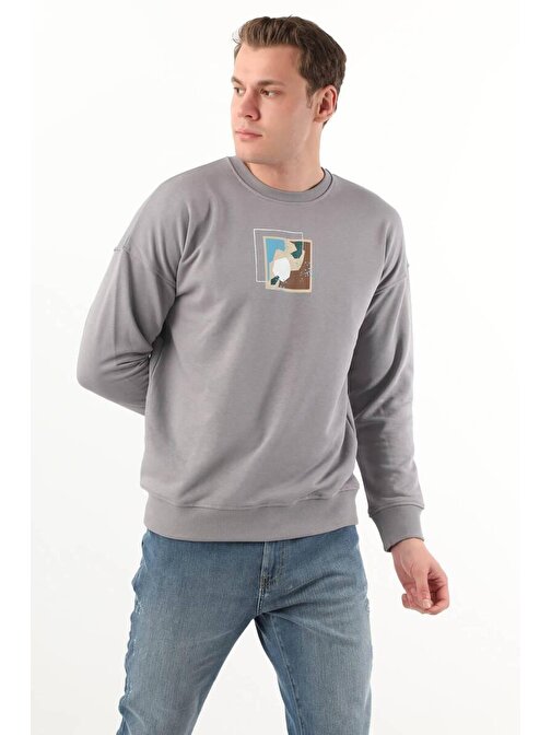 Erkek Minimal Baskılı Sweatshirt Gri