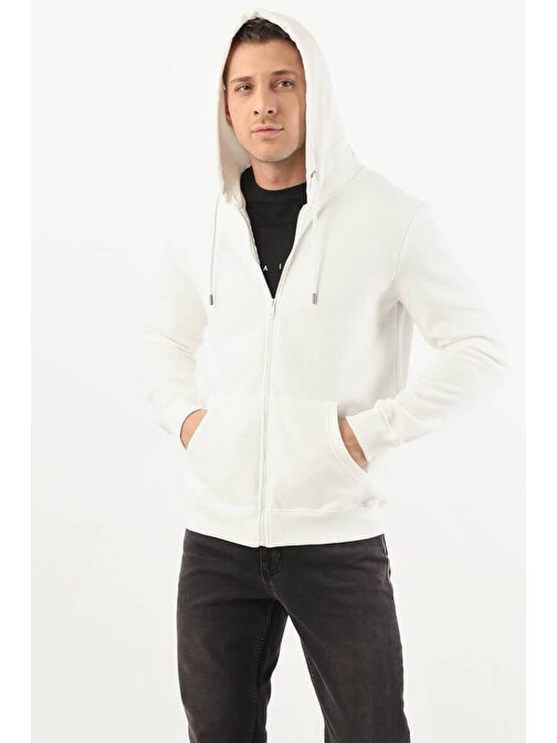 Erkek Cepli Fermuarlı Kapüşonlu Şardonlu Sweatshirt Beyaz