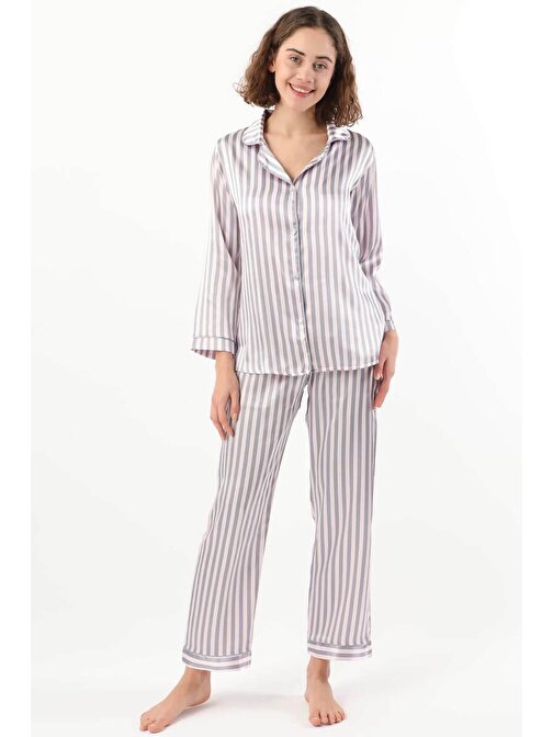 Kadın Çizgili Pijama Takımı Pembe