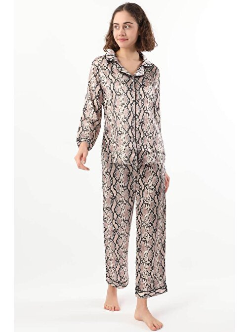 Kadın Desenli İkili Pijama Takımı Kahverengi