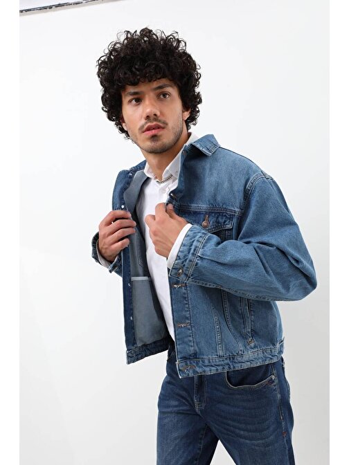 Erkek Düğmeli Regular Fit Jean Ceket Mavi