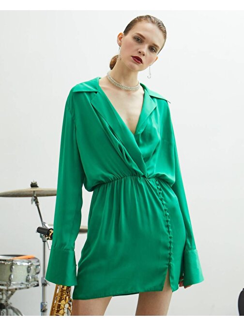Düğme Detaylı Yeşil Kruvaze Elbise