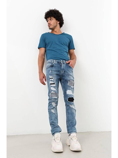 Erkek Yırtık Detaylı Slim Fit Jean Pantolon Mavi