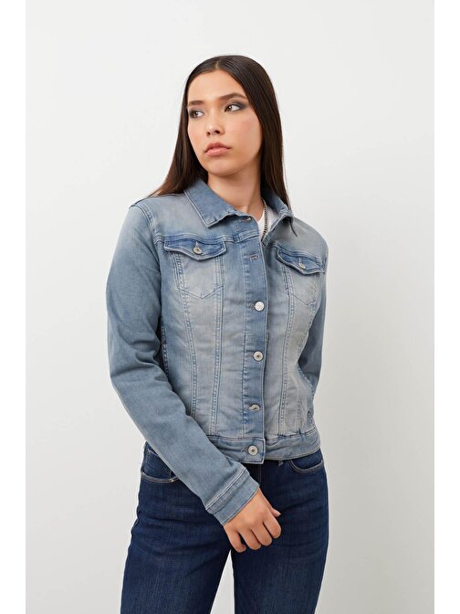 Kadın Düğmeli Likralı Jean Ceket Mavi