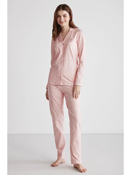 U.S. Polo Assn. Kadın V Yaka Desenli Patlı Pijama Takımı