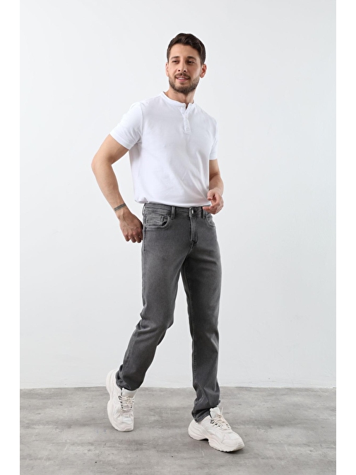 Erkek Likralı Straight Fit Jean Pantolon Gri