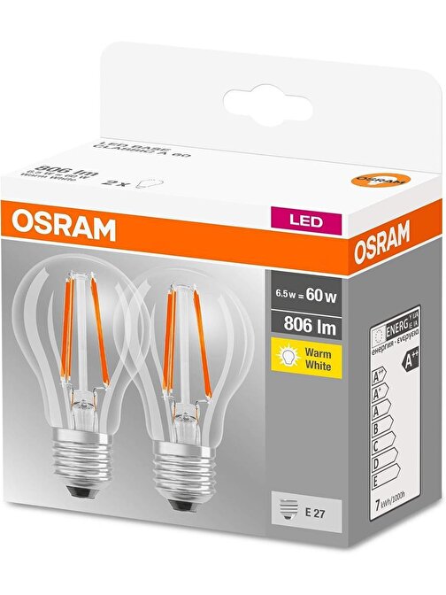 Osram Base Classic A60 6.5W Filaman E-27 Led Ampul 2Li Paket - Sarı Işık