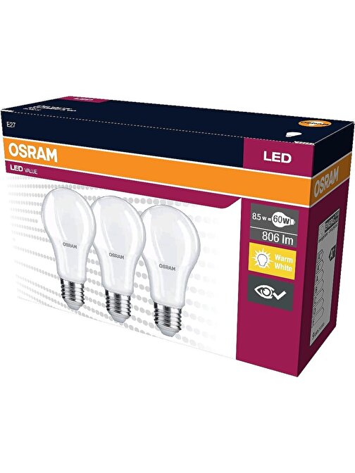 Osram Led Value Classic A60 8.5W E-27 Duy Ampul 3Lü Paket - Sarı Işık