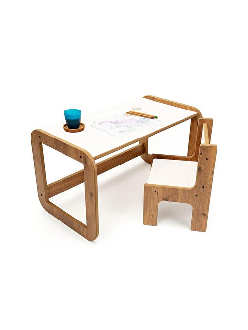 Beyaz Ahşap Sandalyeli Montessori Çocuk Ders Çalışma Masası - Aktivite Masası Çocuk Ders Masası