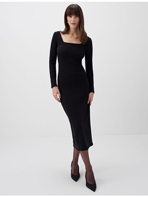 Siyah Uzun Kollu Kare Yaka Şık Midi Elbise