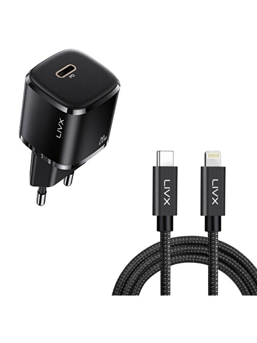LivX Rapid 20W USB-C Mini PD Hızlı Şarj Cihazı Güç Adaptörü ve 2 metre Iphone hızlı şarj kablosu