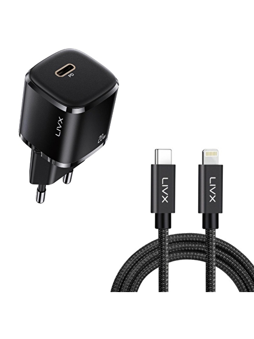 LivX Rapid 20W USB-C Mini PD Hızlı Şarj Cihazı Güç Adaptörü ve 1 metre Iphone şarj kablosu