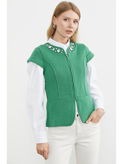 Taş Detaylı Kısa Kol Triko Ceket - Yeşil