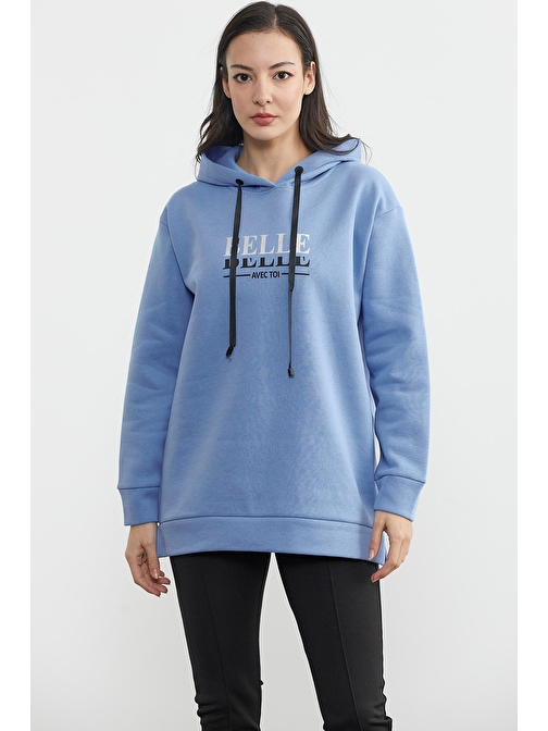 Kapüşonlu İçi Pamuklu Kalın Sweatshirt - Mavi