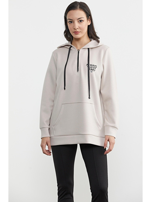 Yarım Fermuarlı Kapüşonlu Sweatshirt - Taş