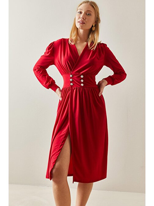 Kırmızı Kruvaze Yaka Yırtmaçlı Düğmeli Midi Elbise 4KXK6-47917-04 | S