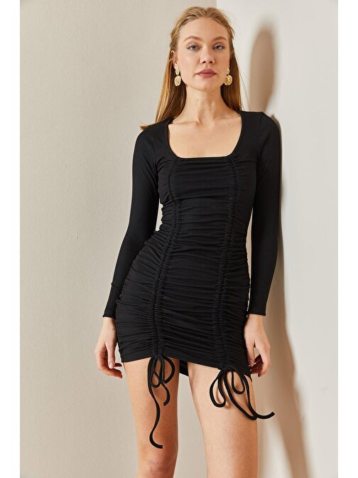 Siyah Kare Yaka Kaşkorse Büzgülü Mini Elbise 4KXK6-47912-02 | L