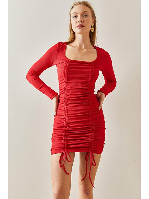 Kırmızı Kare Yaka Kaşkorse Büzgülü Mini Elbise 4KXK6-47912-04 | L