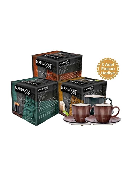 Mahmood Coffee Kapsül Kahve Çeşitleri 3'lü Set ve 3'lü Fincan Hediyeli