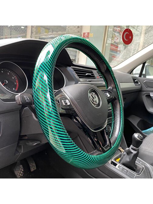 Araç Oto Karbon Görünüm Geçmeli Kokusuz Direksiyon Kılıfı Yeşil SC9