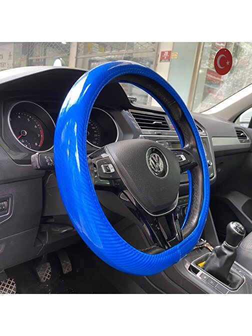 Araç Oto Karbon Görünüm Geçmeli Kokusuz Direksiyon Kılıfı Mavi SC12