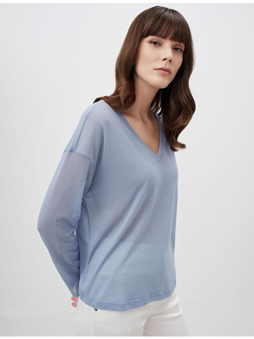 Tozlu Mavi V Yaka Uzun Kollu Şık Basic Bluz