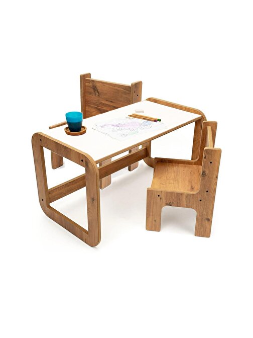 Beyaz Ahşap Sandalyeli Montessori Çocuk Ders Çalışma Masası + 2 Sandalye - Çocuk Aktivite Masası