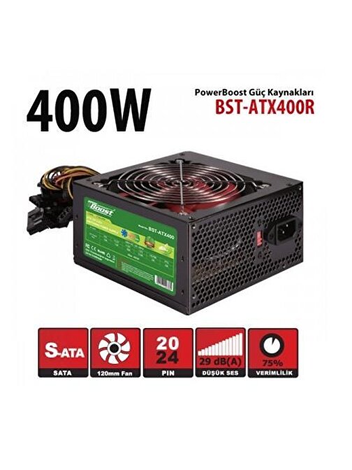 PowerBoost BST-ATX400R 400w, PPFC 12cm Siyah Fanlı ATX PSU Power kablo (Retail Box)