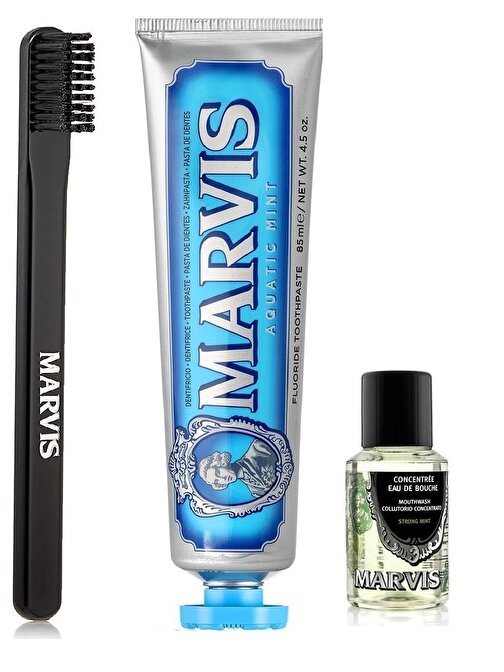 Marvis Acquatic Mint Diş Macunu 85 ml + Orta Sert Diş Fırçası + Konsantre Ağız Gargarası 30 ml