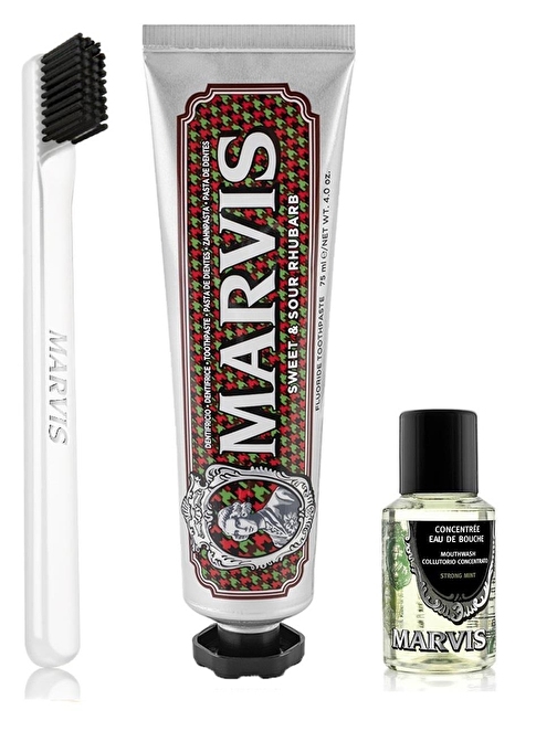 Marvis Sweet & Sour Rhubarb Diş Macunu 75 ml + Yumuşak Diş Fırçası + Konsantre Ağız Gargarası 30 ml