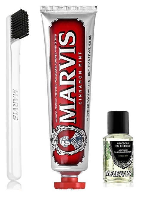 Marvis Cinnamon Mint Diş Macunu 85 ml + Yumuşak Diş Fırçası + Konsantre Ağız Gargarası 30 ml