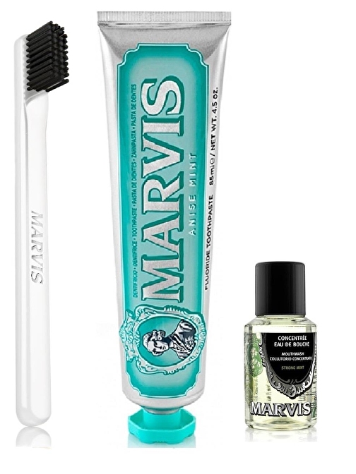 Marvis Anise Mint Diş Macunu 85 ml + Yumuşak Diş Fırçası + Konsantre Ağız Gargarası 30 ml