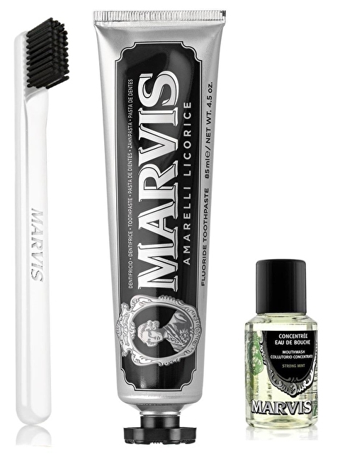 Marvis Meyankökü Özlü Diş Macunu 85 ml + Yumuşak Diş Fırçası + Konsantre Ağız Gargarası 30 ml