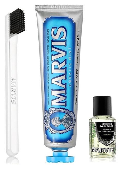 Marvis Acquatic Mint Diş Macunu 85 ml + Yumuşak Diş Fırçası + Konsantre Ağız Gargarası 30 ml