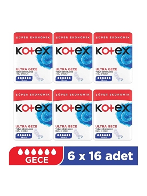 Kotex Ultra Quadro Süper Gece 16'lı 6 Paket 96 Adet