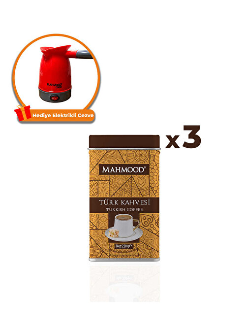 Mahmood Coffee Türk Kahvesi Teneke 220 gr x 3 Adet ve Elektrikli Cezve 1 Adet
