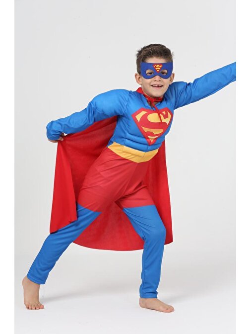 Kaslı Süperman Kostümü + Göz Maske - Süper Adam Kostüm - Dolgulu Superman Cosplay