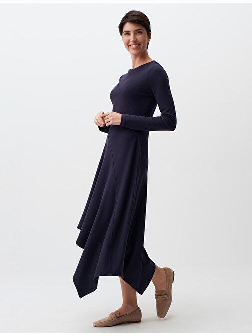 Lacivert Uzun Kollu Asimetrik Kesim Midi Elbise