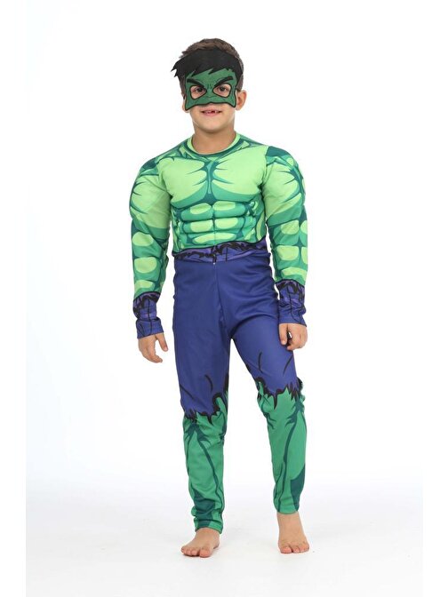 Kaslı Hulk Kostümü + Göz Maske - Yeşil Dev Kostüm - Dolgulu Hulk Cosplay