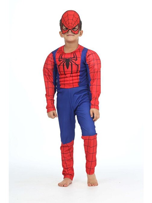 Kaslı Spiderman Kostümü + Göz Maske - Örümcek Adam Kostüm - Dolgulu Spiderman Cosplay