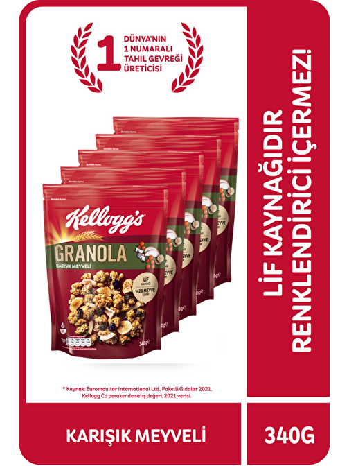 Kellogg's Granola Karışık Meyveli 340 Gr x 5 Adet, %45 Yulaf içerir, Lif Kaynağı, %20 Kurutulmuş Meyve