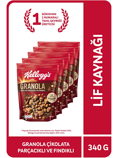 Kellogg's Granola Çikolata Parçacıklı ve Fındıklı 340 Gr x 5 Adet %44 Yulaf Lif Kaynağı Kahvaltılık Gevrek