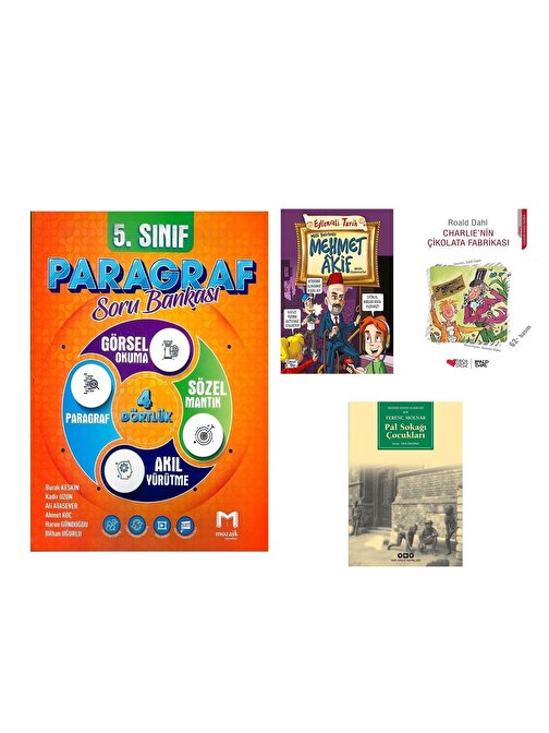 Mozaik 5.Sınıf Paragraf Soru Bankası ve Pal Sokağı Charlıenin Çikolata Fabrikası ile Milli Şairimi Mehmet Akif Seti 4 Kitap