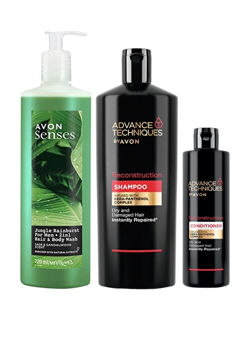 Avon Advance Techniques Onarıcı Şampuan Saç Kremi ve Erkek Saç ve Vücut Şampuanı Paketi