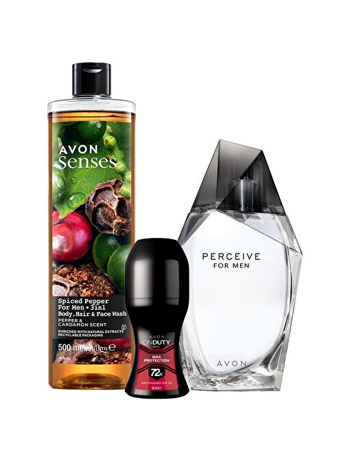 Avon Perceive Erkek Parfüm, OnDuty Max Protection Erkek Rollon ve Karabiber ve Kakule Kokulu Duş Jeli Paketi