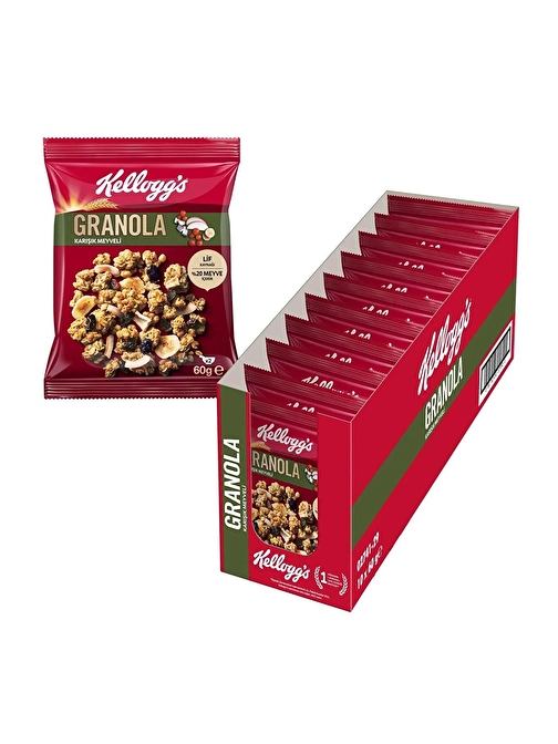 Granola Karışık Meyveli 60 Gr (10'lu), %42 Yulaf içerir, %20 Meyve içerir.